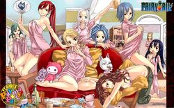  6+girls barefoot blonde_hair blue_eyes blue_hair bottomless bra breasts brown_eyes brown_hair cana_alberona canine charle_(fairy_tail) erza_scarlet evergreen_(fairy_tail) fairy_tail feline glasses green_hair jpeg_artifacts juvia_lockser large_breasts legs levy_mcgarden lingerie lucy_heartfilia mashima_hiro mirajane_strauss multiple_girls naked_towel pajamas red_eyes red_hair sideboob towel underwear visca_mulan wendy_marvell white_hair 