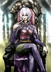  9193_degrees_celsius_(caiman) armor boots brown_eyes cape commentary_request female katrina_(romancing_saga) knife purple_hair romancing_saga_3 saga short_hair solo thigh_boots thighhighs throne 