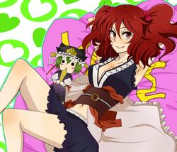  2girls :&lt; armpits bad_id bad_pixiv_id breasts chibi cleavage green_hair hair_bobbles hair_ornament hat medium_breasts multiple_girls onozuka_komachi red_eyes red_hair shiki_eiki short_hair sleeveless touhou two_side_up waiko 