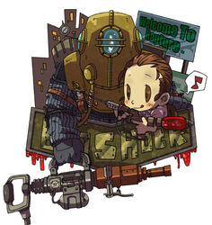  1boy :q bad_id bad_pixiv_id big_daddy_(bioshock) bioshock_(series) bioshock_1 blood blood_drip brown_eyes brown_hair chibi cityscape copyright_name diving_suit english_text facing_viewer female gun holding holding_gun holding_syringe holding_weapon little_sister_(bioshock) musical_note painttool_sai_(medium) rosie_(bioshock) sign simple_background spoken_musical_note syringe tongue tongue_out uroko_(265) weapon white_background 