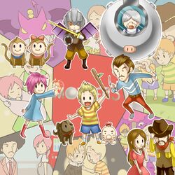  3girls 6+boys afro alternate_costume blonde_hair boney brown_hair canine claus_(mother_3) commentary_request doseisan duster everyone flint_(mother_3) flower formal hinawa ionia kumatora lucas_(mother_3) monkey mother_(game) mother_3 multiple_boys multiple_girls nintendo old orange_hair pink_hair porky_minch salsa_(trusty_bell) samba stick suit sunflower tears tongue ultimate_chimera wasabi_(legemd) yoshikoshi_(mother_3) 