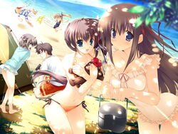  3boys 3girls akitsuki_ryuuji beach bikini chikotam dappled_sunlight day game_cg highres hiiragi_chiyoko kiss_to_lord_to_darjeeling mikeou multiple_boys multiple_girls nanase_yuuna otoko_no_ko outdoors sanjouji_shinobu sasorigatame shade sunlight swimsuit takanae_kyourin tent yashiro_tsubasa 