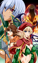  4girls alleyne_(queen&#039;s_blade) blonde_hair blue_eyes blue_hair breasts brown_hair cleavage commentary_request fang_assassin_irma fighting_master_alleyne flame_master_nyx forest_keeper_nowa hat irma_(queen&#039;s_blade) kanten large_breasts medium_breasts multiple_girls nowa_(queen&#039;s_blade) nyx_(queen&#039;s_blade) painttool_sai_(medium) queen&#039;s_blade red_eyes short_hair 