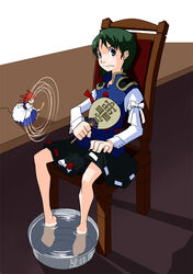  2girls barefoot basin chair commentary_request electric_fan hand_fan hot kansuke_(bubuduke) mini_person minigirl multiple_girls no_headwear onozuka_komachi paper_fan photoshop_(medium) shiki_eiki short_hair sitting soaking_feet sweat touhou uchiwa water 