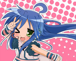  ahoge belt blue_hair blush commentary cosplay dress female green_eyes headphones headset izumi_konata long_hair lucky_star mole mole_under_eye one_eye_closed photoshop_(medium) rakisana sf-a2_miki sf-a2_miki_(cosplay) solo star_(symbol) striped v very_long_hair vocaloid wrist_cuffs 