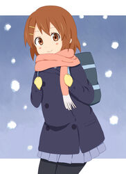  backpack bad_id bad_pixiv_id bad_proportions bag brown_eyes brown_hair female goro hirasawa_yui k-on! mittens pantyhose sakuragaoka_high_school_uniform scarf school_uniform short_hair snow solo 