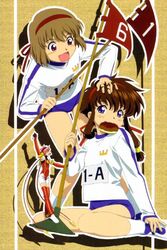  2girls angelic_layer artist_request blue_eyes bread brown_hair buruma flag food food_in_mouth gym_uniform hand_on_another&#039;s_head hikaru_(angelic_layer) holding holding_flag kizaki_tamayo low-tied_sidelocks mouth_hold multiple_girls numbered_flag purple_eyes short_hair_with_long_locks sidelocks suzuhara_misaki 