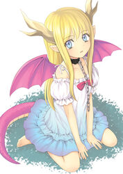  bad_id bad_pixiv_id barefoot blonde_hair blue_eyes chains collar dragon_girl dragon_tail dragon_wings dress feet female hands horns kneeling kuro_(chrono) long_hair original pink_tail pink_wings solo tail wings 