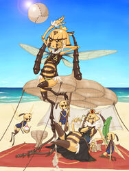  5girls arthropod_girl ball beach bee_girl bikini commentary_request crown day extra_arms food highres jon_henry_nam lens_flare monster_girl multiple_girls one-piece_swimsuit outdoors parasol pixiv_forest queen_bee school_swimsuit shaved_ice swimsuit umbrella volleyball volleyball_(object) 