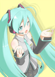  ahoge aqua_eyes aqua_hair commentary_request detached_sleeves female futaba_no_taiko hands hatsune_miku headphones headset long_hair necktie open_mouth skirt smile solo twintails very_long_hair vocaloid 