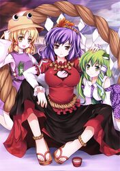  3girls absurdres all_fours anklet black_skirt blonde_hair blue_hair blue_skirt breasts dress frog green_eyes green_hair hair_ornament hand_on_head hat highres jewelry kneeling kochiya_sanae large_breasts leaf leaf_hair_ornament long_skirt looking_at_viewer moriya_suwako multiple_girls purple_hair red_eyes rope sandals scan shide shimenawa sitting skirt smile tomusooya touhou yasaka_kanako yellow_eyes 