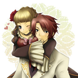  1boy bad_id bad_pixiv_id beatrice_(umineko) blonde_hair blue_eyes blush bow couple dark_red_hair dress female flower hair_ornament heart hug hug_from_behind manase necktie pink_bow red_hair rose smile straight sweatdrop umineko_no_naku_koro_ni ushiromiya_battler 