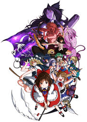  6+girls :d alice_margatroid animal_ears arm_cannon ascot blonde_hair bloomers blue_hair bow broom broom_riding brown_eyes brown_hair bucket cape cat_ears closed_eyes commentary_request detached_sleeves gohei green_headwear hair_bobbles hair_ornament hair_tubes hairbow hakurei_reimu hat highres holding horns hoshiguma_yuugi ibuki_suika in_bucket in_container kaenbyou_rin kawashiro_nitori kirisame_marisa kisume komeiji_koishi komeiji_satori kurodani_yamame long_hair looking_at_viewer mizuhashi_parsee moriya_suwako multiple_girls open_mouth patchouli_knowledge photoshop_(medium) red_bow red_eyes red_headwear reiuji_utsuho ribbon-trimmed_sleeves ribbon_trim shameimaru_aya single_horn smile subterranean_animism tokin_hat touhou underwear weapon white_bloomers yakumo_yukari ysys 