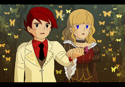  1boy bad_id bad_pixiv_id balus beatrice_(umineko) blonde_hair blue_eyes bug butterfly choker couple dress female formal holding_hands jacket kazuki_(kazu-king) letterboxed long_hair necktie parody photoshop_(medium) red_hair short_hair straight style_parody suit tenkuu_no_shiro_laputa umineko_no_naku_koro_ni ushiromiya_battler yellow_butterfly 