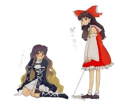  2girls bow brown_hair cape commentary_request detached_sleeves gohei gradient_hair hakurei_reimu hijiri_byakuren long_hair multicolored_hair multiple_girls pinzu touhou translated 