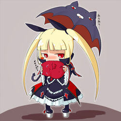  animal-themed_umbrella bat_(animal) biting black_umbrella blazblue blonde_hair blush chibi commentary_request dress feline female frills futaba_no_taiko gii gothic_lolita hair_ribbon lolita_fashion long_hair rachel_alucard red_eyes ribbon solo translated twintails umbrella vampire 