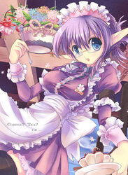  blue_eyes commentary_request cup elf female flower glasses hairband maid ms06s original photoshop_(medium) pointy_ears purple_hair short_hair solo spoon teacup thighhighs 