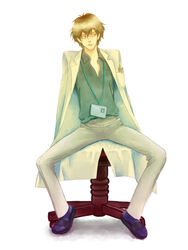  1boy bad_id bad_pixiv_id blonde_hair chair closed_eyes ikegami jinnouchi_wabisuke lab_coat long_sleeves male_focus name_tag necktie pants simple_background solo spread_legs summer_wars white_background 