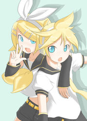  1boy blonde_hair blue_eyes brother_and_sister commentary_request crop_top detached_sleeves female futaba_no_taiko hair_ornament hair_ribbon hairclip headset kagamine_len kagamine_rin necktie no_nose ribbon sailor_collar short_hair siblings sleeves_past_wrists twins v vocaloid yellow_necktie 