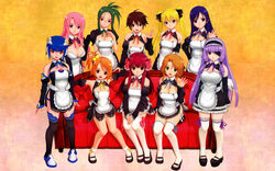  6+girls amane_(dream_c_club) black_hair blonde_hair blue_hair breasts brown_hair cleavage detached_sleeves dream_c_club dream_c_club_(series) elbow_gloves everyone futaba_riho gloves highres ili_(dream_c_club) large_breasts long_hair maid mari_(dream_c_club) medium_breasts mian_(dream_c_club) mio_(dream_c_club) multiple_girls nao_(dream_c_club) official_art official_wallpaper pink_hair reika_(dream_c_club) ribbon rui_(dream_c_club) setsu_(dream_c_club) thighhighs third-party_edit waitress 