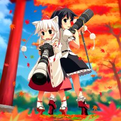  2girls animal_ears autumn black_eyes black_hair camera canon_(company) commentary_request detached_sleeves geta hat highres inubashiri_momiji leaf maple_leaf monopod multiple_girls shameimaru_aya short_hair single-lens_reflex_camera skirt tengu-geta tokin_hat torii touhou waka_(sagi) weapon white_hair wolf_ears 