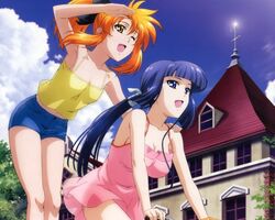  2girls armpits asura_cryin&#039; bicycle blue_eyes blue_hair breasts cleavage dress komori_atsushi large_breasts long_hair minakami_misao multiple_girls multiple_riders one_eye_closed orange_hair outdoors ponytail short_hair takatsuki_kanade yellow_eyes 