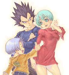  2boys ^_^ aqua_eyes aqua_hair arm_at_side beads black_eyes black_hair black_pants blue_eyes blue_hair blue_shirt breasts bulma_briefs closed_eyes commentary_request cowboy_shot crossed_arms dragon_ball dragon_ball_z dress earrings family female fingernails hand_on_own_thigh hand_up hood hood_down hoodie husband_and_wife jewelry katsutake lolicon long_sleeves looking_at_another medium_breasts multiple_boys nail_polish open_mouth outstretched_arm pants print_hoodie profile red_dress red_nails shirt short_dress short_hair side-by-side sideways_glance sideways_mouth skin_tight smile spiked_hair thumbs_up trunks_(dragon_ball) turtleneck turtleneck_dress vegeta white_background widow&#039;s_peak 