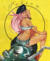  ass back big_hair blue_eyes butt_crack commentary_request crop_top cuffs daniel_oduber denim denim_shorts female final_fight handcuffs hat high_heels highres lips long_hair motor_vehicle motorcycle one_eye_closed peaked_cap photoshop_(medium) pink_hair pinup_(style) poison_(final_fight) realistic shoes shorts smile solo 