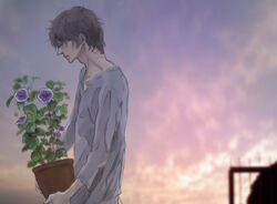  1boy bad_id bad_pixiv_id black_hair blue_flower blurry closed_eyes depth_of_field flower flower_pot from_side hair_over_eyes holding holding_flower_pot jinnouchi_wabisuke komatsu_(lyjji) long_sleeves male_focus messy_hair morning_glory outdoors plant potted_plant profile shirt solo standing summer_wars 