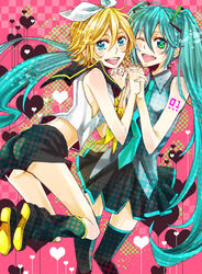  2girls aqua_eyes aqua_hair bad_id bad_pixiv_id blonde_hair blush hair_ribbon hatsune_miku heart heart_background kagamine_rin legs long_hair multiple_girls one_eye_closed open_mouth ribbon sei_(hanibani) short_hair shorts skirt smile thighhighs twintails very_long_hair vocaloid 