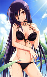  absurdres amakura bikini black_bikini black_hair breasts contrapposto day female front-tie_top groin highres light_rays long_hair looking_at_viewer medium_breasts mikage_(toppara) one_eye_closed outdoors scan side-tie_bikini_bottom solo standing sunbeam sunlight swimsuit toppara 