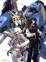  2boys black_hair blonde_hair glasses grave_violento gundam gundam_00 gundam_00p gundam_rasiel hixar_fermi long_hair mecha multiple_boys robot sefer 