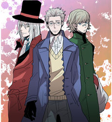  3boys august_7 bad_id bad_pixiv_id coat darker_than_black glasses goran_(darker_than_black) hat ilya_sokolov male_focus multiple_boys photoshop_(medium) sudachips top_hat trench_coat 