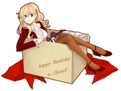  akieru_nomaki bad_id bad_pixiv_id blonde_hair blue_eyes box breasts cleavage earrings female happy_birthday high_heels jewelry large_breasts long_hair macross macross_frontier pantyhose photoshop_(medium) sheryl_nome shoes single_earring solo 