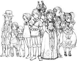  1boy 6+girls agitha artist_request ashei barefoot beth capri_pants dress everyone greyscale hena ilia_(zelda) link long_dress luda_(zelda) midna monochrome multiple_girls pants princess_zelda the_legend_of_zelda the_legend_of_zelda:_twilight_princess 