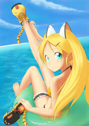  afloat animal_ears aqua_eyes bad_id bad_pixiv_id barefoot bikini blonde_hair bridal_garter cat_ears cloud day feet female from_behind futaba_no_taiko hands innertube legs long_hair looking_back original partially_submerged shoes single_shoe sky solo swim_ring swimsuit tiger twintails water 