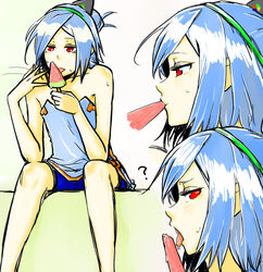  1boy 7-tan bad_id bad_pixiv_id blue_hair food hairband male_focus nanao-kun os-tan otoko_no_ko popsicle red_eyes sexually_suggestive u-suke watermelon_bar 