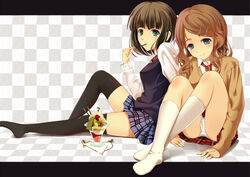  2girls black_hair black_thighhighs blackcurrant blue_eyes blush brown_cardigan brown_hair cardigan checkered_floor checkered_wall cherry commentary_request currant food fruit full_body grapes green_eyes hair_ornament hairclip hands ice_cream kiwi_(fruit) knee_blush leaf legs letterboxed long_hair long_sleeves looking_at_viewer looking_to_the_side melon melon_slice miniskirt mouth_hold multiple_girls necktie original outside_border panties pantyshot parfait plaid plaid_skirt pleated_skirt pocky reclining saucer school_uniform shirt short_hair sitting skirt sleeves_past_wrists smile socks spoon stalk striped striped_necktie sundae sweater_vest thighhighs u_jie underwear upskirt wavy_hair whipped_cream white_panties white_shirt white_socks zettai_ryouiki 