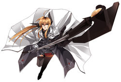  bardiche_(assault_form)_(nanoha) bardiche_(nanoha) brown_eyes brown_hair clipe commentary_request fate_testarossa fate_testarossa_(impulse_form) female gloves hair_ribbon long_hair lyrical_nanoha mahou_shoujo_lyrical_nanoha_strikers photoshop_(medium) ribbon solo thighhighs twintails uniform 