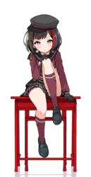  bang_dream! black_footwear black_gloves black_hair black_hat black_neckerchief bob_cut chair commentary_request desk female frown gloves hand_on_own_knee hat knee_up kneehighs long_sleeves looking_at_viewer lost_one_no_goukoku_(vocaloid) miniskirt mitake_ran multicolored_hair neckerchief on_desk red_eyes red_hair red_shirt red_socks school_chair school_desk school_uniform serafuku shipii_(jigglypuff) shirt shoes simple_background sitting skirt socks solo streaked_hair white_background 