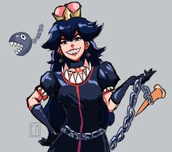  absurdres black_dress black_hair chain_chomp chains commentary crown dress english_commentary female genderswap_(mtf) grin highres long_hair looking_at_viewer mario_(series) mediamaster_127 new_super_mario_bros._u_deluxe personification princess_chain_chomp rule_63 sharp_teeth simple_background smile super_crown teeth 