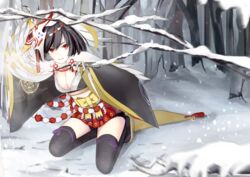  black_hair black_thighhighs breasts claws cleavage commentary_request feathered_wings feathers female hair_ornament itsumade_(onmyoji) japanese_clothes kneeling medium_breasts monster_girl onmyoji red_eyes shoochiku_bai snow solo tabi thighhighs wings 