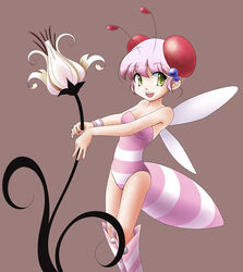  antennae arthropod_girl bare_shoulders bee_girl boots commentary_request female flower green_eyes grey_background honey_bee_(bug-tte_honey) knee_boots leotard monster_girl photoshop_(medium) pink_footwear pink_hair pink_leotard saburouta_(hox-666) short_hair smile solo takahashi_meijin_no_bug-tte_honey wings 