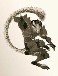  2015 4_ears anthro armor chainmail charr chutkat claws fangs felid female guild_wars hi_res horn jumping long_tail looking_down mammal monochrome multi_ear paws raitlin sepia simple_background solo tail teeth white_background 