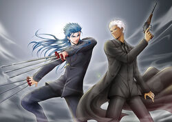  2boys archer_(fate) assassin_(fate/zero) black_keys_(type-moon) blue_hair commentary_request cosplay cross cross_necklace dark-skinned_male dark_skin emiya_kiritsugu emiya_kiritsugu_(cosplay) fate/stay_night fate/zero fate_(series) gun handgun jewelry kotomine_kirei kotomine_kirei_(cosplay) multiple_boys necklace sa-n-o-zi thompson/center_contender weapon white_hair 