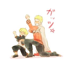  ahoge bandaged_arm cloak closed_eyes father_and_son jacket kneeling male male_focus multiple_boys naruto pose smile spiked_hair tamagokara uzumaki_boruto uzumaki_naruto whisker_markings whiskers 