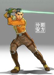  1boy belt blue_eyes boots brown_hair commentary_request commission energy_sword ezra_bridger fighting_stance fingerless_gloves gloves jedi lightsaber looking_at_viewer male_focus nakama_yasukata scar science_fiction serious signature solo spoilers star_wars star_wars:_rebels sword tumblr_username watermark weapon 