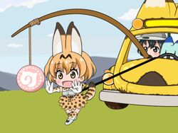  2girls :d animal_ears animated animated bare_shoulders belt black_eyes black_hair blonde_hair blue_sky blush bouncing_hair bow bowtie breasts brown_belt brown_hair carrot_on_stick chasing chibi cloud day driving elbow_gloves food gloves grass grey_shirt ground_vehicle hair_between_eyes hat hat_feather helmet high-waist_skirt japari_bun japari_bus kaban_(kemono_friends) kemono_friends leash looking_away looping_animation lucky_beast_(kemono_friends) mameshiba_(pixiv_59310) medium_breasts mountain multicolored_clothes multicolored_gloves multicolored_hair multicolored_legwear multiple_girls open_mouth orange_bow orange_bowtie outdoors outstretched_arms outstretched_hand pith_helmet print_bow print_bowtie print_skirt robot rope running serval_(kemono_friends) serval_print shirt short_hair skirt sky sleeveless sleeveless_shirt smile source_request stick streaked_hair tail tail_wagging thighhighs two-tone_bowtie white_bow white_bowtie yellow_eyes 