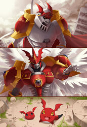  5_fingers ambiguous_gender armor bandai_namco cape clothing digimon digimon_(species) digital_hazard digital_media_(artwork) fingers front_view fusion gallantmon gigimon group humanoid jyarimon not_furry outside sartika3091 symbol text url winged_humanoid wings zero_unit 