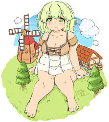  banned_artist barefoot barrel cloud eyebrows giantess green_eyes green_hair mikomu original plump solo tree windmill 